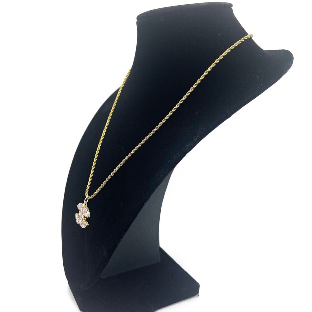 CHANEL CC Pink Rhinestone Charm Pendant on Necklace Gold Plated Chain - Picture 4 of 10